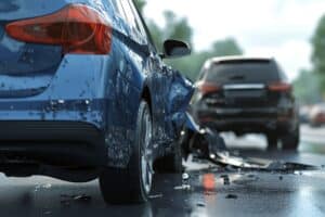 Head on collision blue car and black family suv display significant front damage after accident