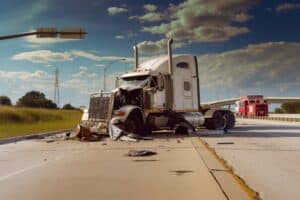 A heavily damaged semi truck after a collision